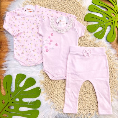  CONJ. DE MALHA 3 PEÇAS - Flores Bordadas e Gola Gripyr - Rosa Bebê